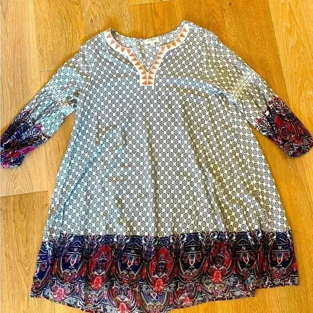 Umgee Print Cotton Tunic Dress Embroidered‎ 3/4 Sleeves Sz S Whimisgoth Flowy